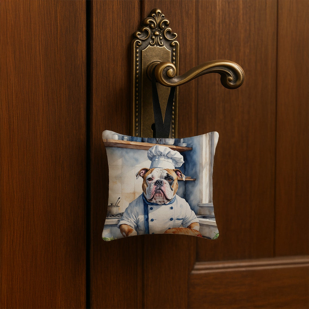 American Bulldog The Chef Hanging Square Fabric Ornament 3.5 × 3.5 Decorative Door-Knob & Tree Hanger, Soft Fabric