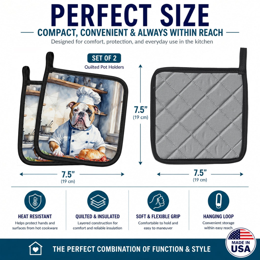 American Bulldog The Chef Pot Holder Set of 2 Heat Resistant Quilted Hot Pads 7.5 x 7.5 Inch, Insulated Kitchen Trivets for Cooking & Baking