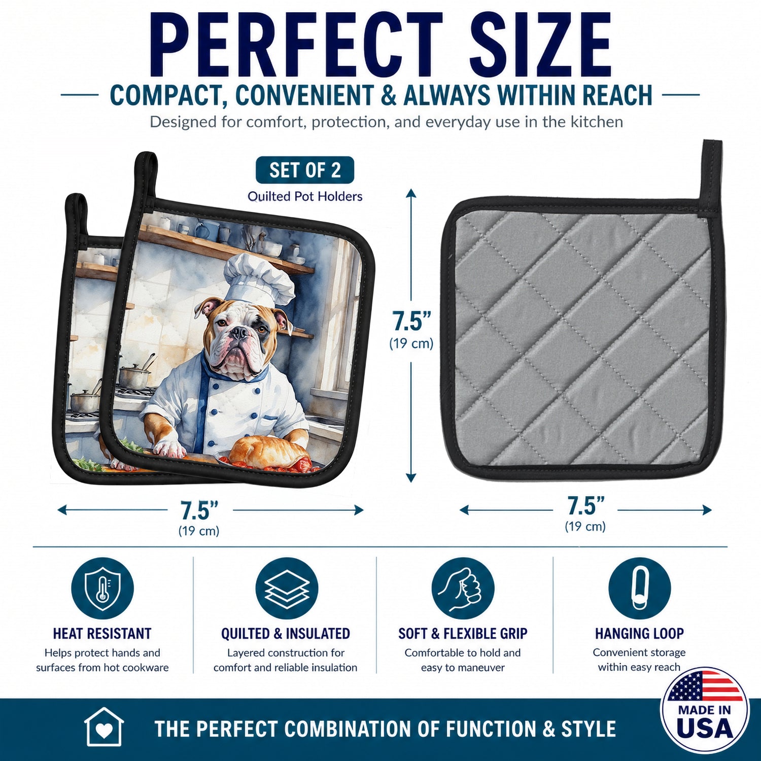 American Bulldog The Chef Pot Holder Set of 2 Heat Resistant Quilted Hot Pads 7.5 x 7.5 Inch, Insulated Kitchen Trivets for Cooking & Baking
