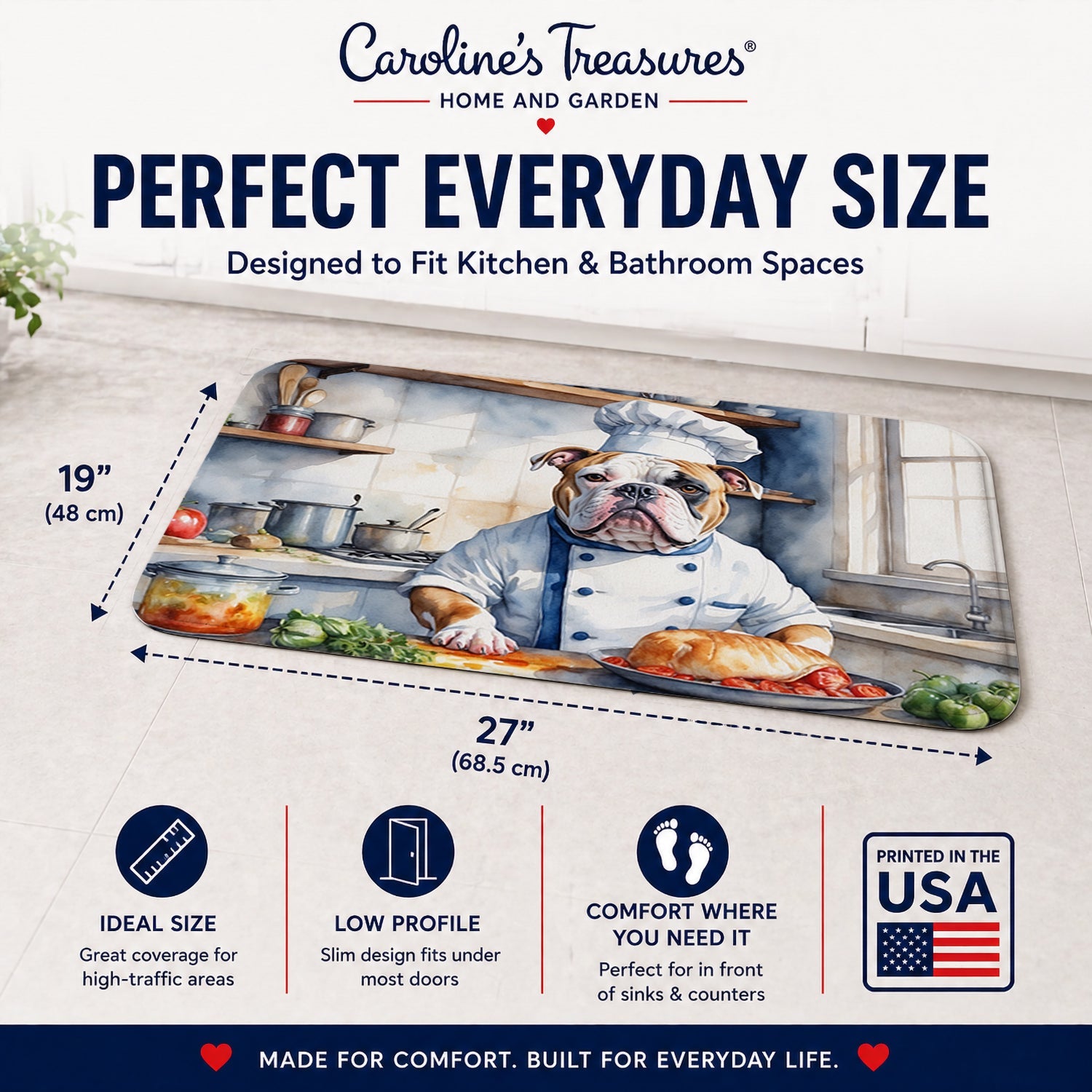 American Bulldog The Chef Memory Foam Kitchen Mat Machine Washable Anti-Fatigue Cushion Comfort Bath or Kitchen Rug
