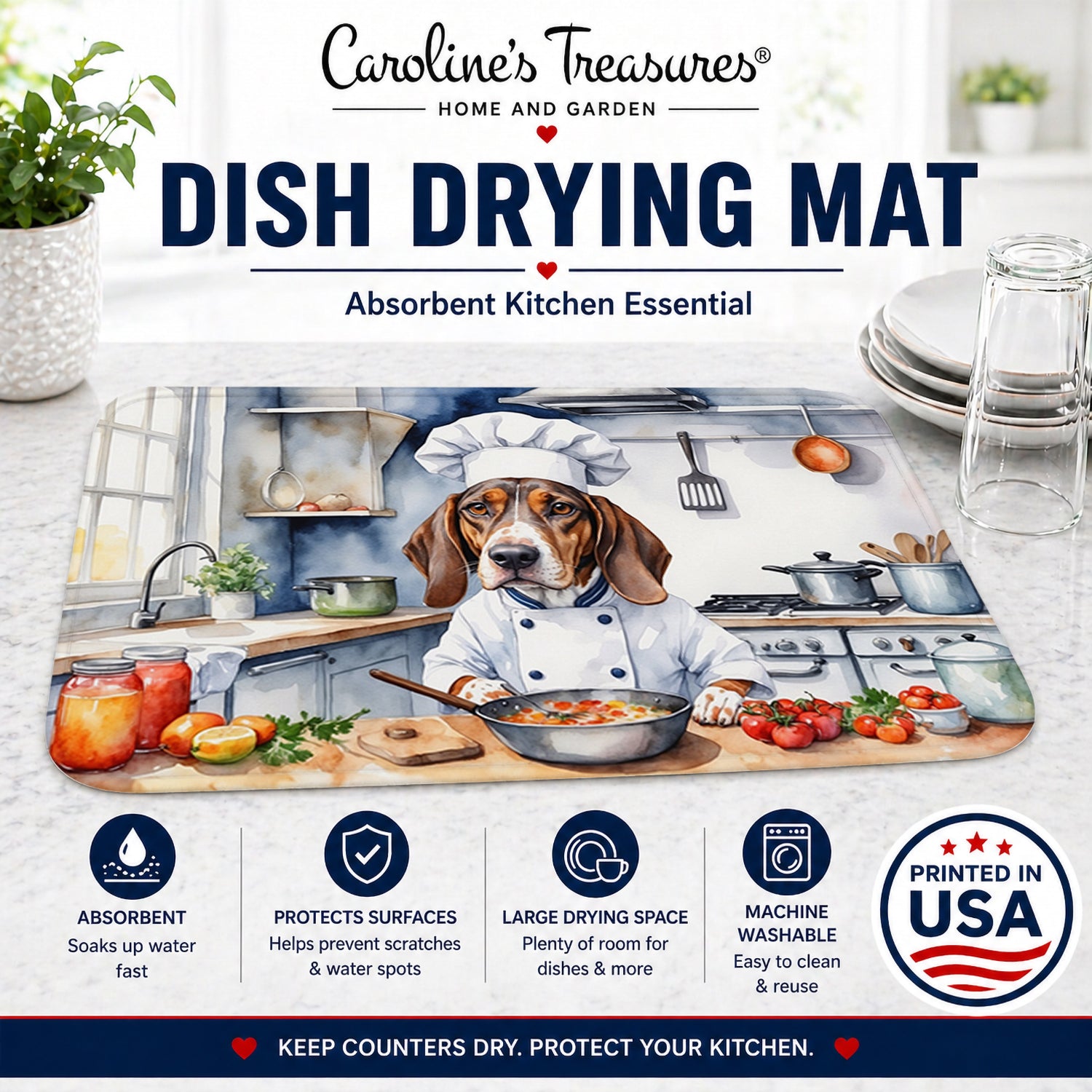 American English Coonhound The Chef Dish Drying Mat Absorbent Dish Drying Mat Pad for Kitchen Counter Dish Drainer Mat for Countertop, 14 x 21", Multicolor