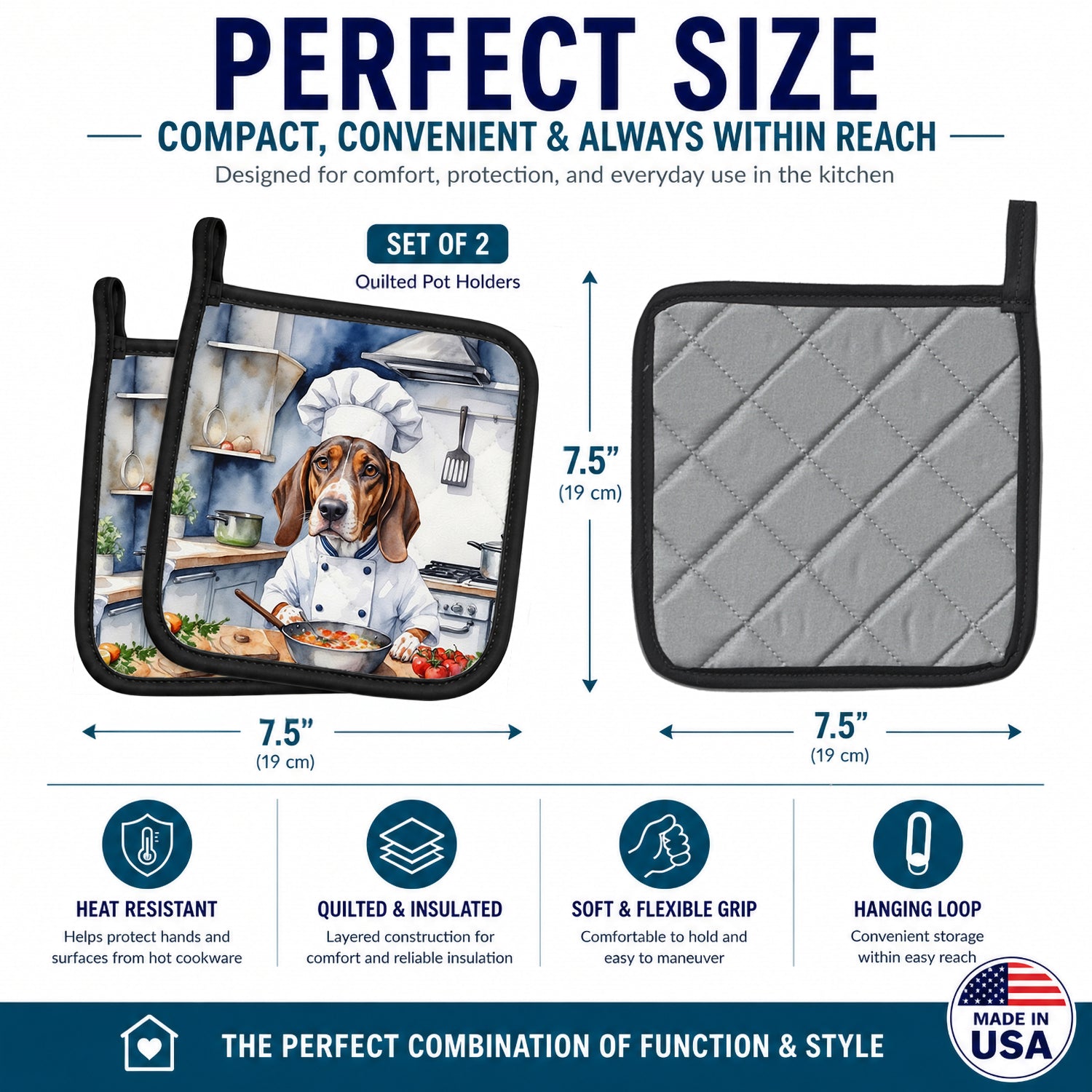 American English Coonhound The Chef Pot Holder Set of 2 Heat Resistant Quilted Hot Pads 7.5 x 7.5 Inch, Insulated Kitchen Trivets for Cooking & Baking