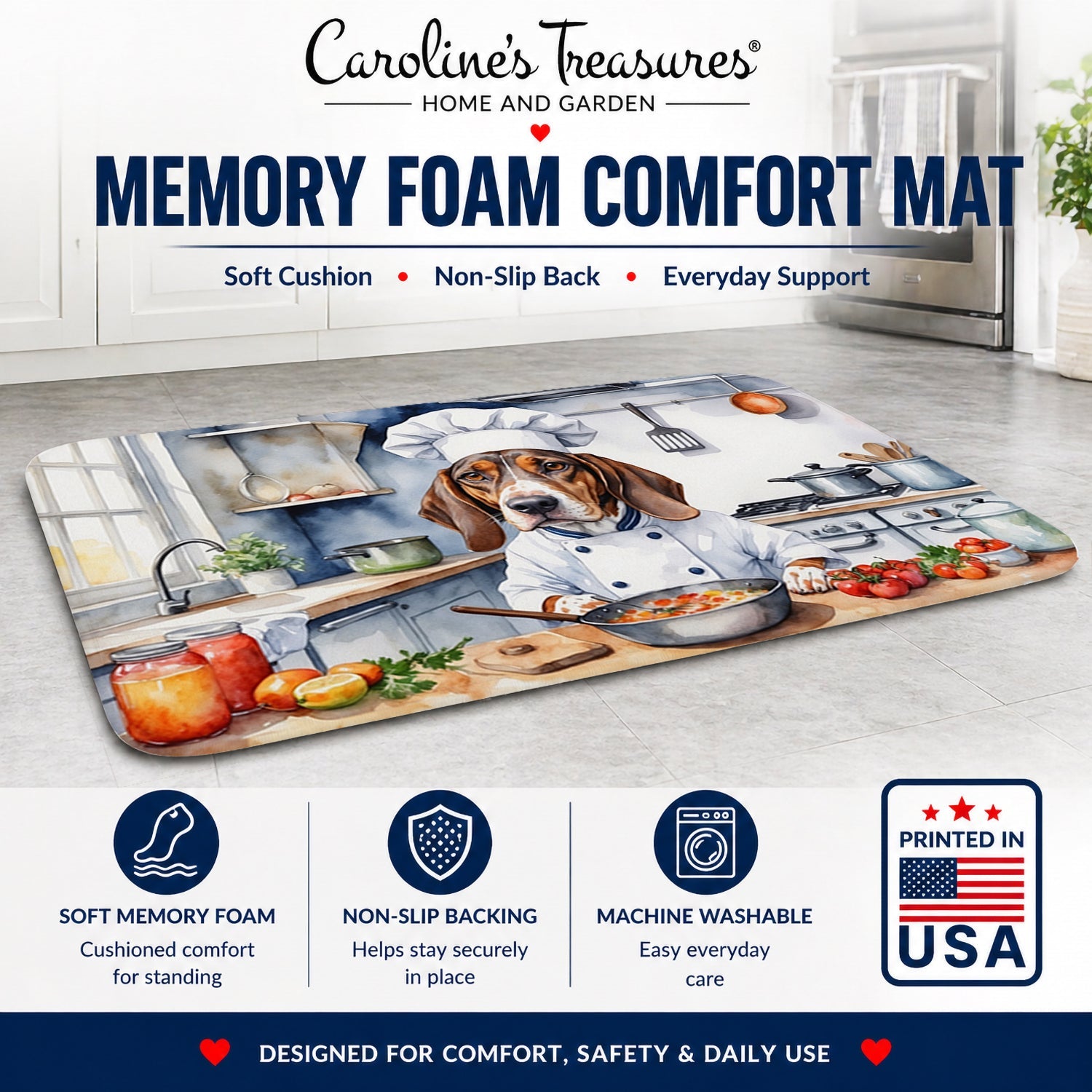 American English Coonhound The Chef Memory Foam Kitchen Mat Machine Washable Anti-Fatigue Cushion Comfort Bath or Kitchen Rug