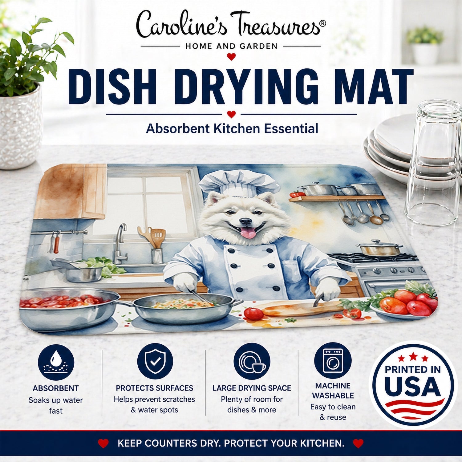 American Eskimo The Chef Dish Drying Mat Absorbent Dish Drying Mat Pad for Kitchen Counter Dish Drainer Mat for Countertop, 14 x 21", Multicolor