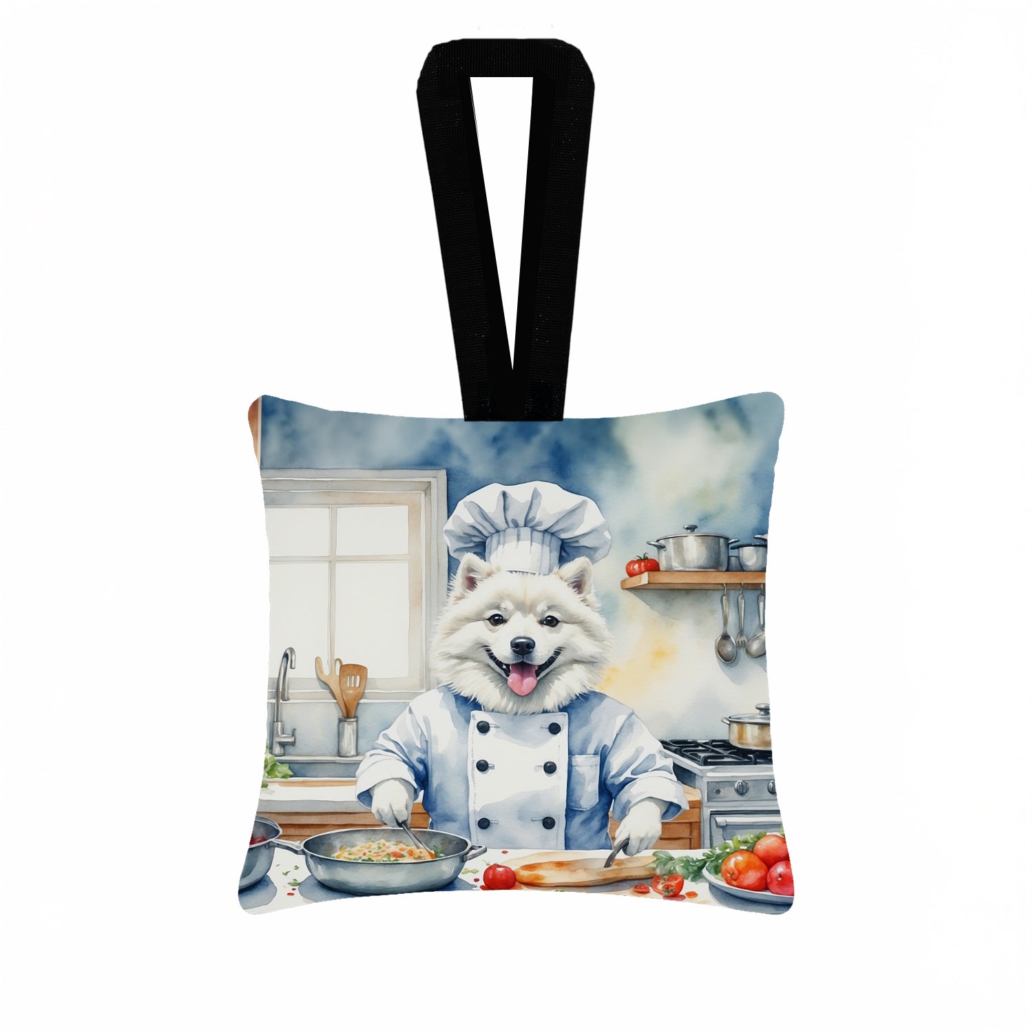 American Eskimo The Chef Hanging Square Fabric Ornament 3.5 × 3.5 Decorative Door-Knob & Tree Hanger, Soft Fabric