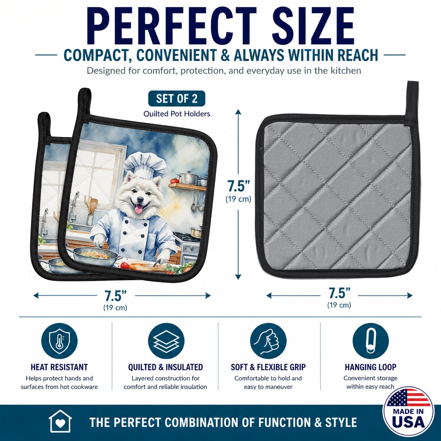 American Eskimo The Chef Pot Holder Set of 2 Heat Resistant Quilted Hot Pads 7.5 x 7.5 Inch, Insulated Kitchen Trivets for Cooking & Baking