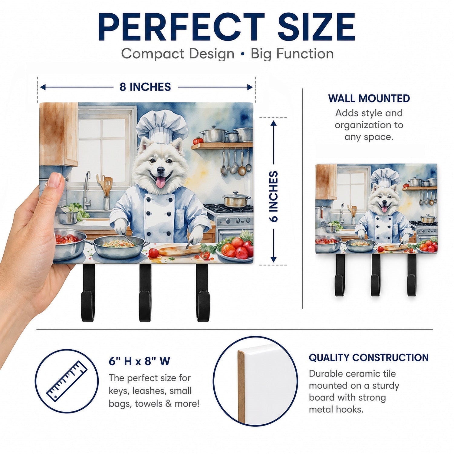 American Eskimo The Chef Leash or Key Holder Wall Hooks, Coat Rack Wall Mount, for Hanging Keys, Towels, Aprons, Leashes