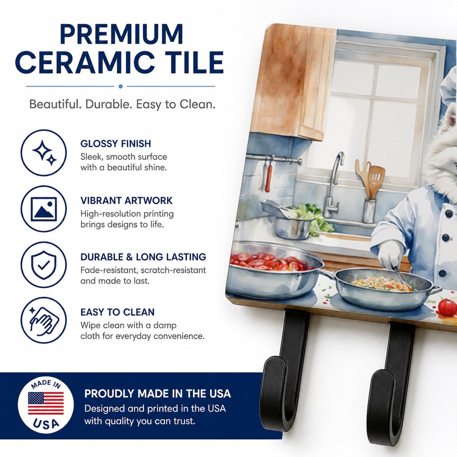 American Eskimo The Chef Leash or Key Holder Wall Hooks, Coat Rack Wall Mount, for Hanging Keys, Towels, Aprons, Leashes