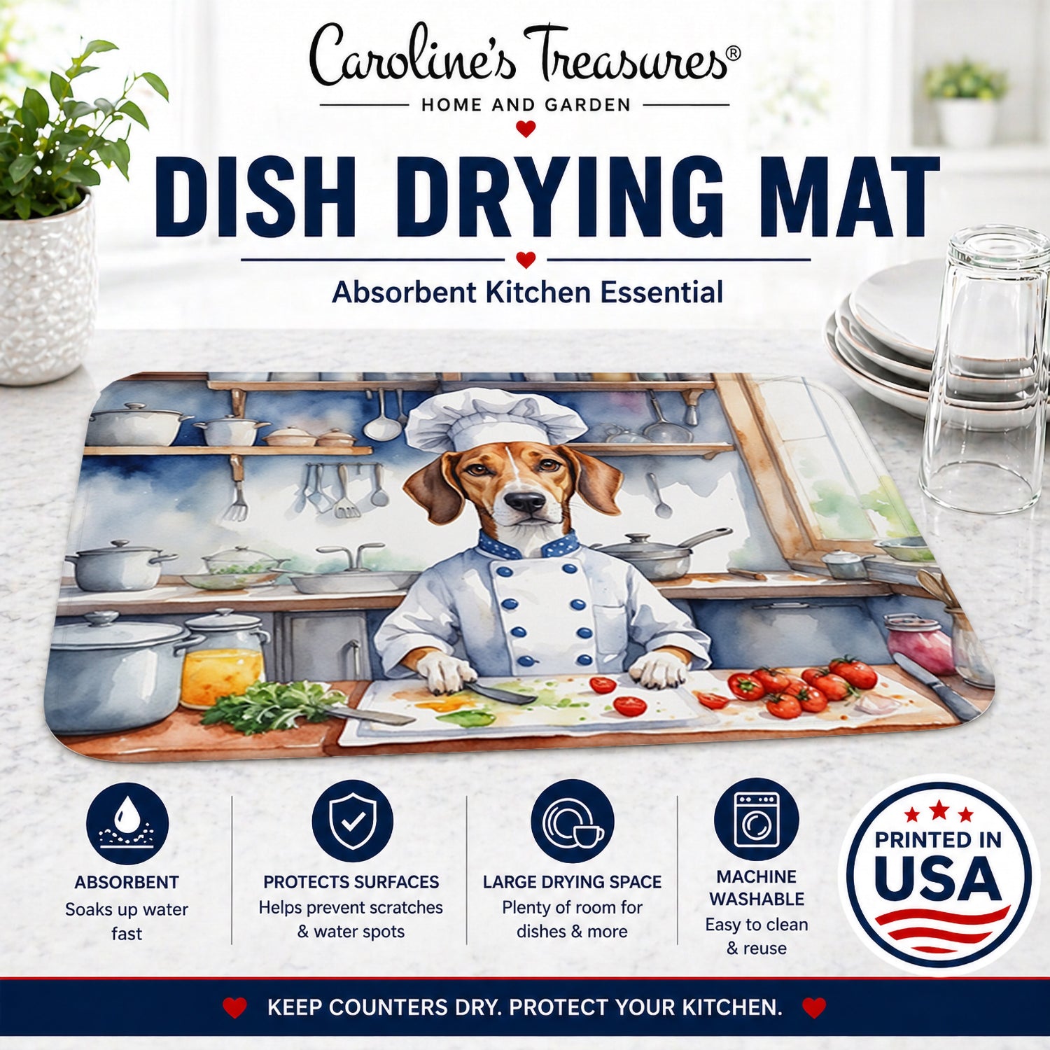 American Foxhound The Chef Dish Drying Mat Absorbent Dish Drying Mat Pad for Kitchen Counter Dish Drainer Mat for Countertop, 14 x 21", Multicolor