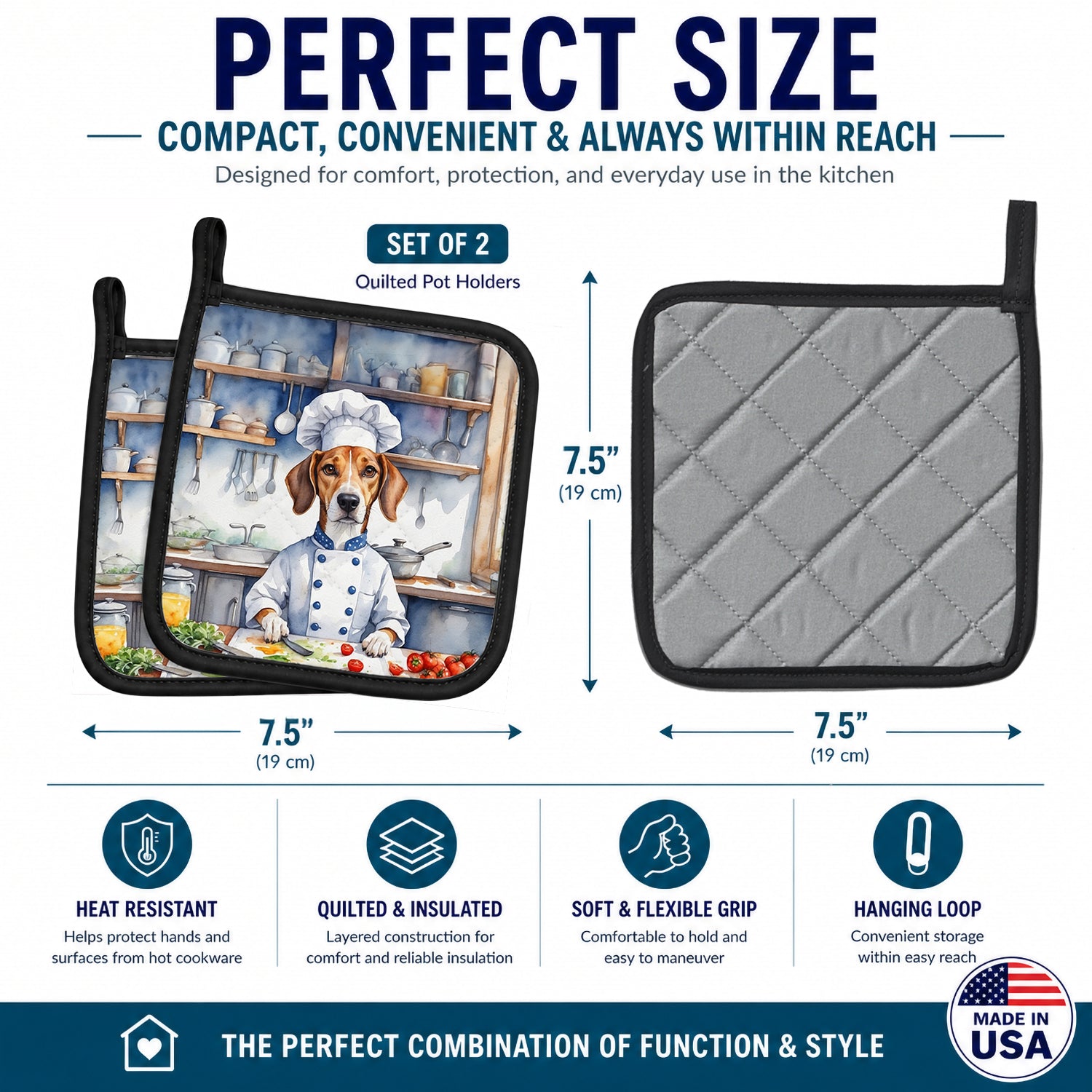 American Foxhound The Chef Pot Holder Set of 2 Heat Resistant Quilted Hot Pads 7.5 x 7.5 Inch, Insulated Kitchen Trivets for Cooking & Baking