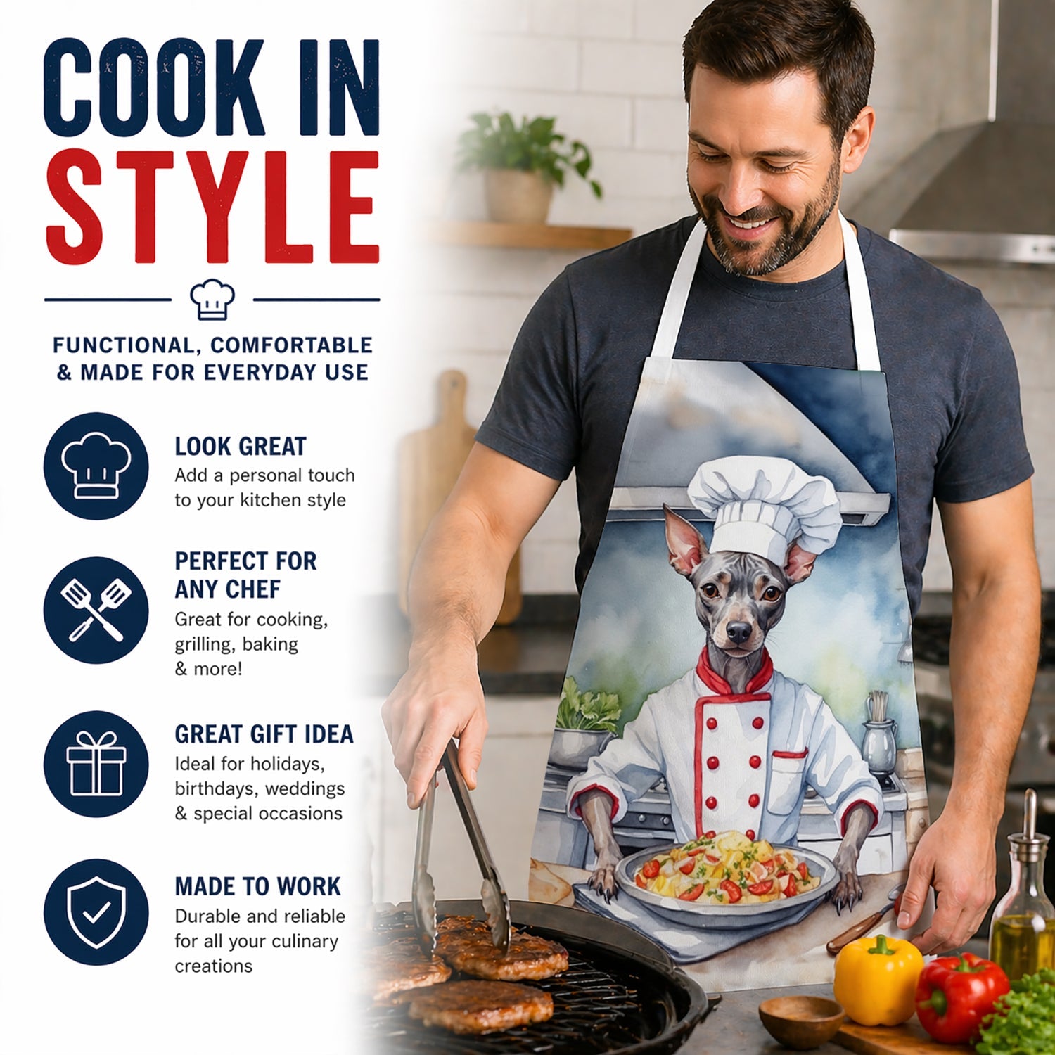 American Hairless Terrier The Chef Apron Cooking Kitchen Server Baking Crafts Gardening for Adult Women Men, Unisex, Large, Multicolor