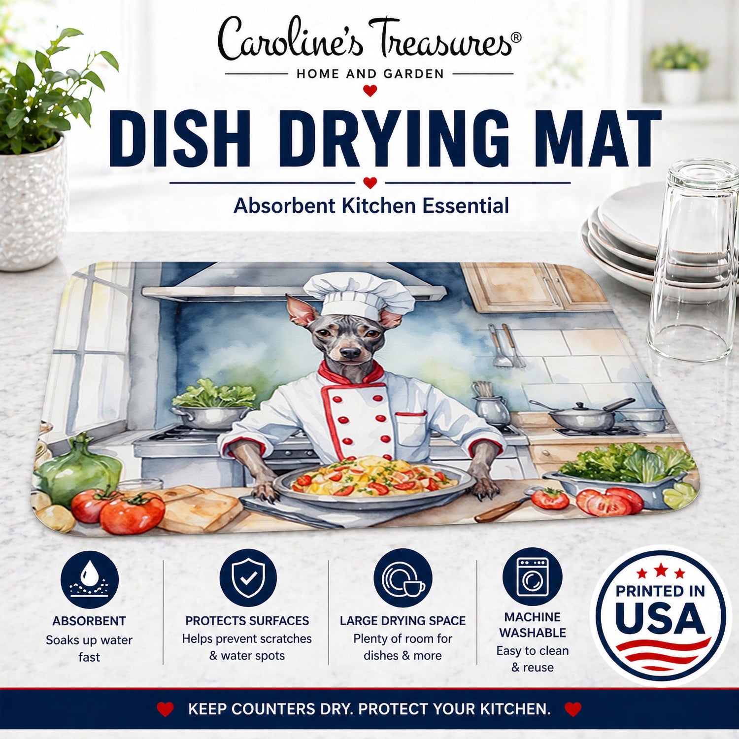 American Hairless Terrier The Chef Dish Drying Mat Absorbent Dish Drying Mat Pad for Kitchen Counter Dish Drainer Mat for Countertop, 14 x 21", Multicolor