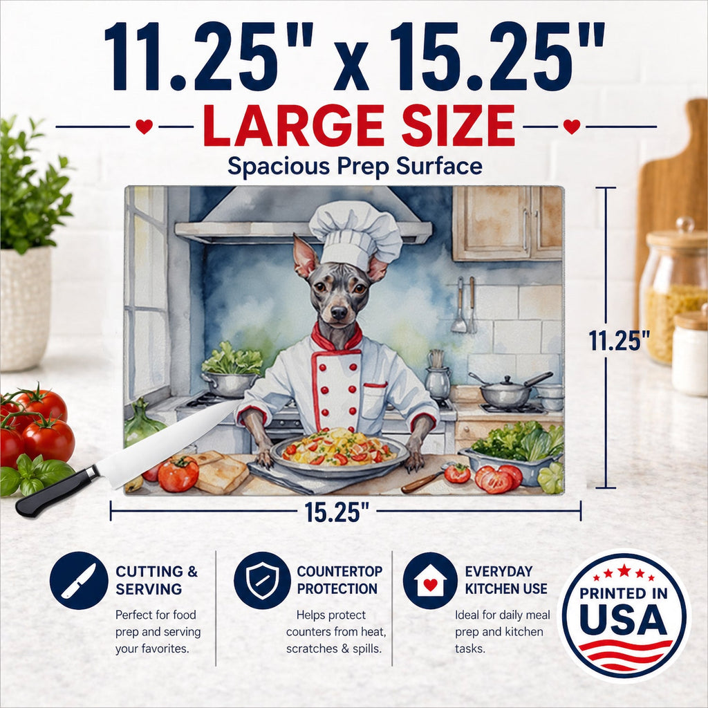 American Hairless Terrier The Chef Cutting Board Tempered Glass Kitchen Cutting Surface, Heat Resistant Chopping, Non-Slip Feet, Food Prep & Serving