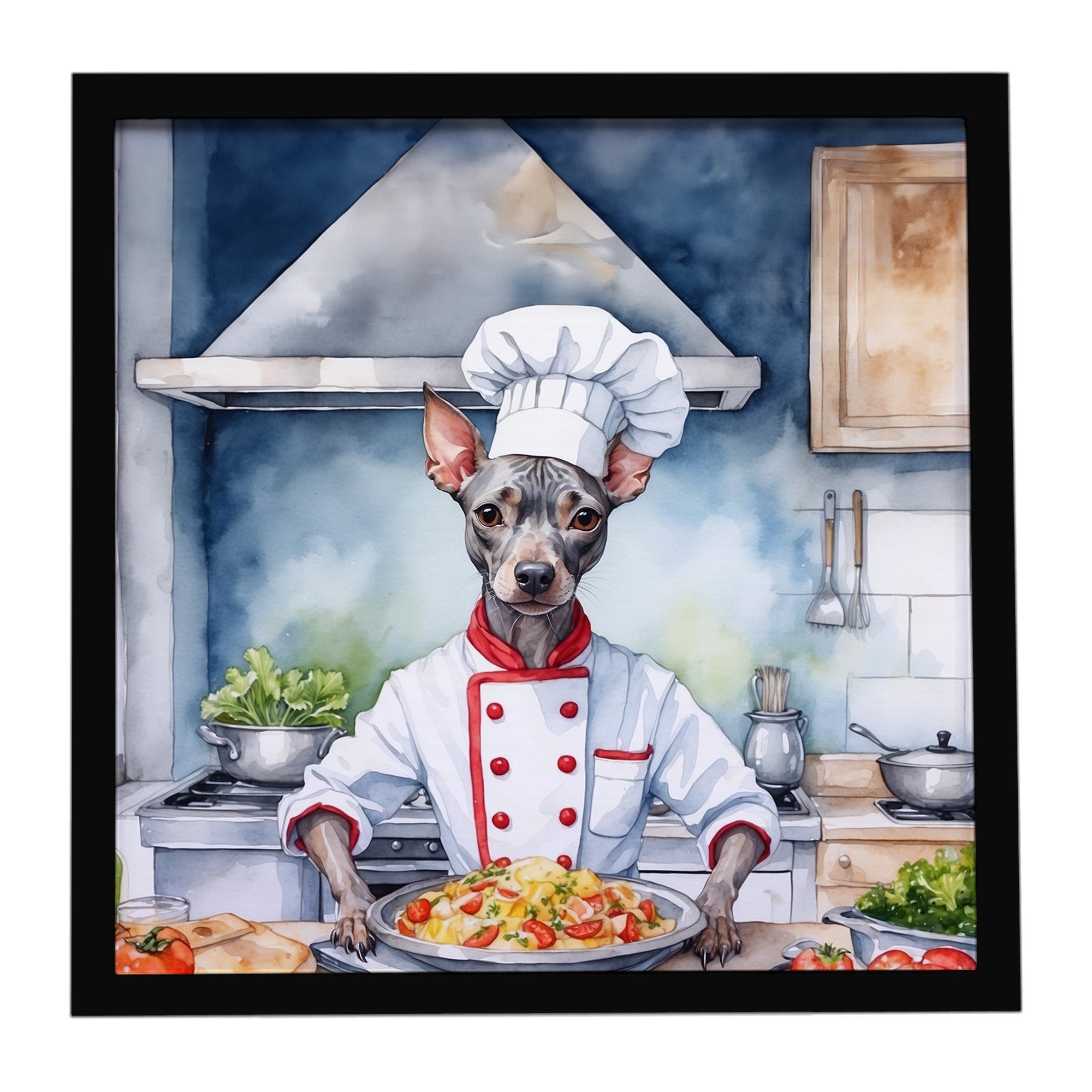 American Hairless Terrier The Chef Framed Metal Print Bathroom, Kitchen, Office, Home Decor Wall Art Ready to Hang, Square, 8X8