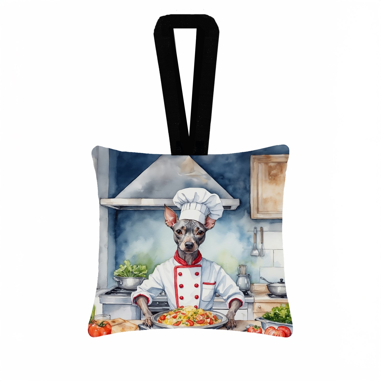 American Hairless Terrier The Chef Hanging Square Fabric Ornament 3.5 × 3.5 Decorative Door-Knob & Tree Hanger, Soft Fabric