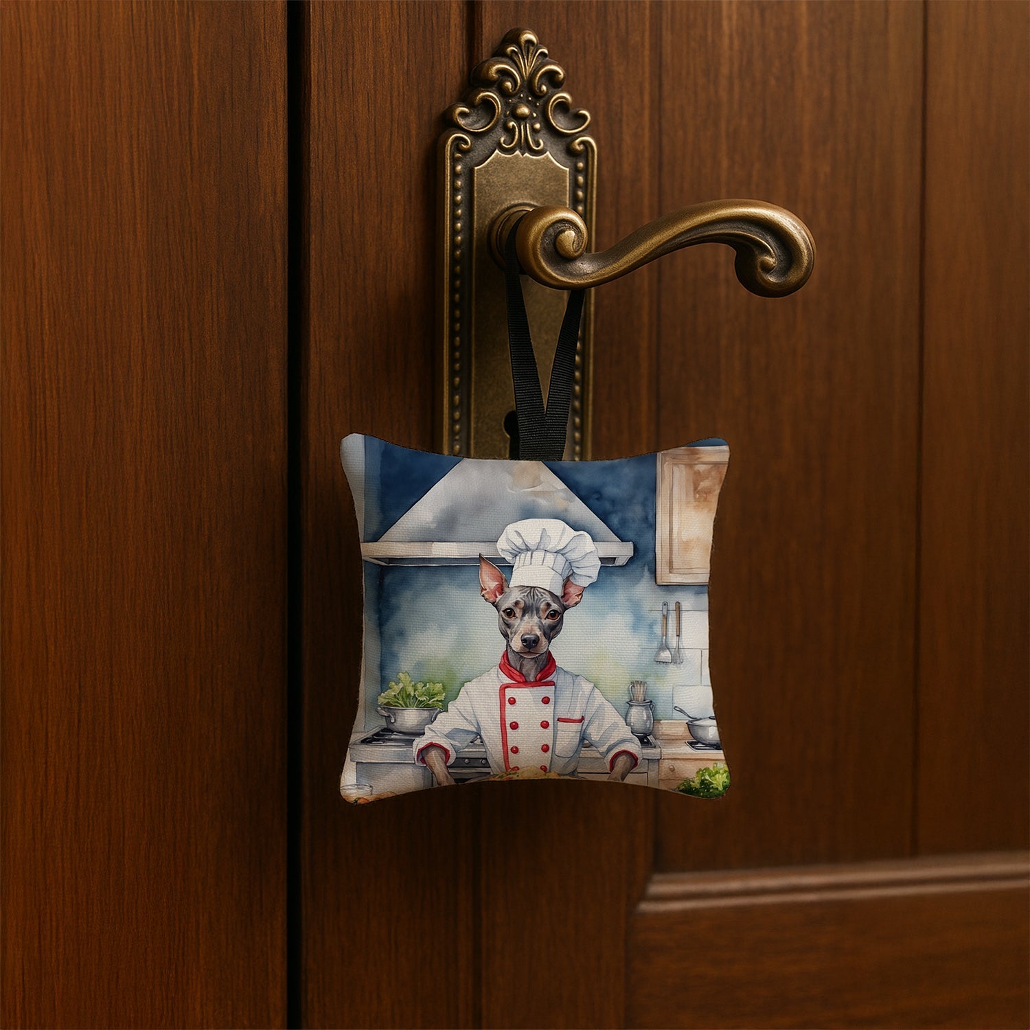 American Hairless Terrier The Chef Hanging Square Fabric Ornament 3.5 × 3.5 Decorative Door-Knob & Tree Hanger, Soft Fabric