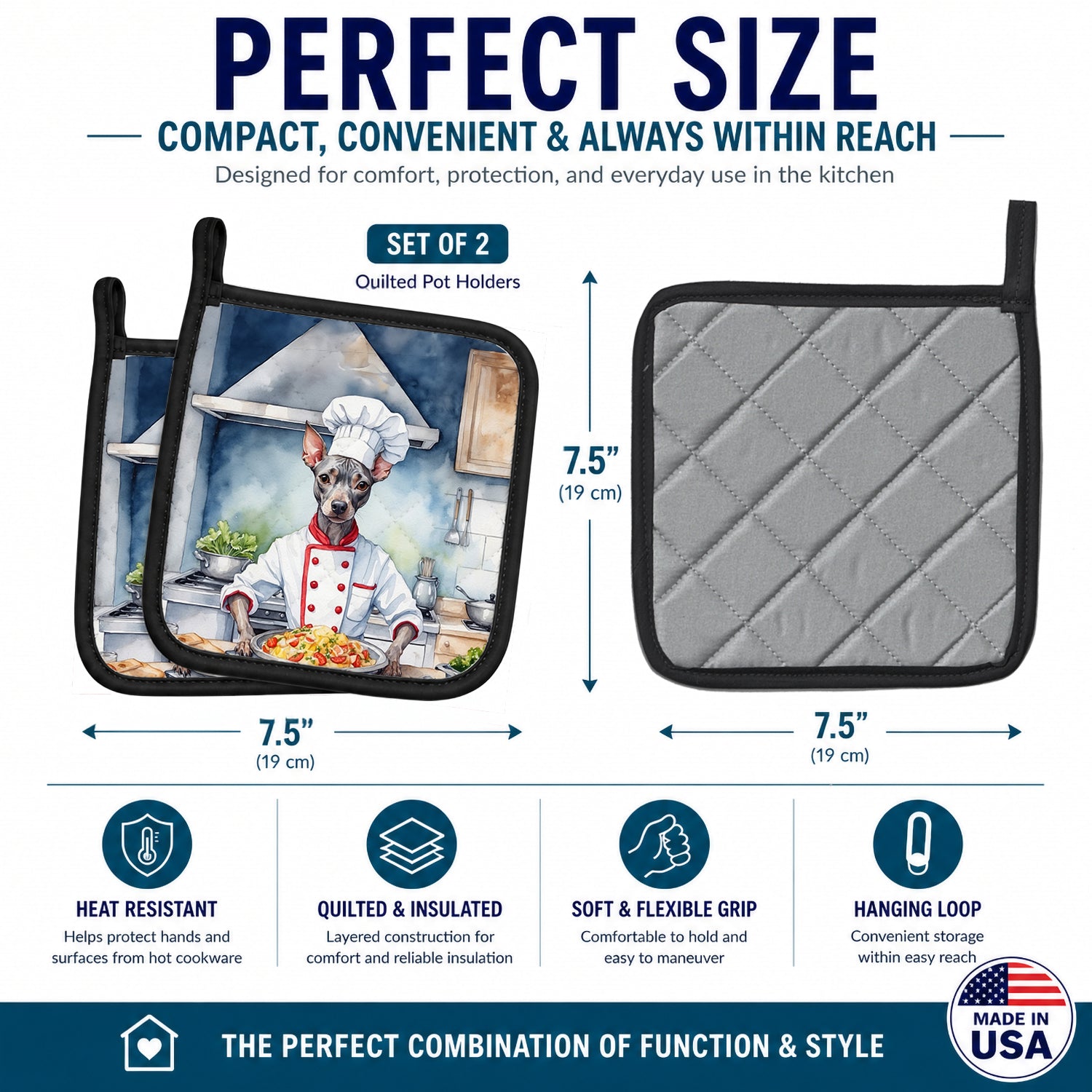 American Hairless Terrier The Chef Pot Holder Set of 2 Heat Resistant Quilted Hot Pads 7.5 x 7.5 Inch, Insulated Kitchen Trivets for Cooking & Baking