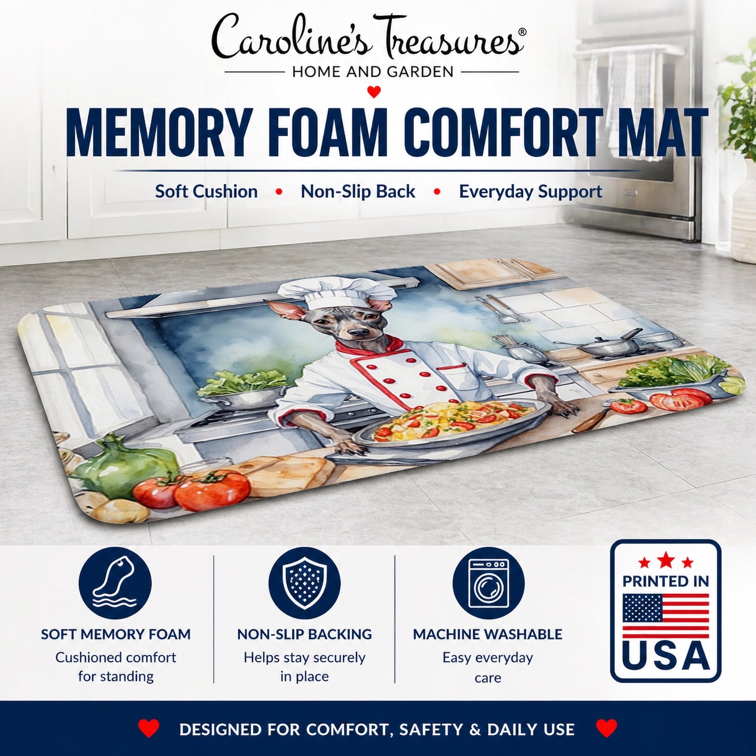 American Hairless Terrier The Chef Memory Foam Kitchen Mat Machine Washable Anti-Fatigue Cushion Comfort Bath or Kitchen Rug