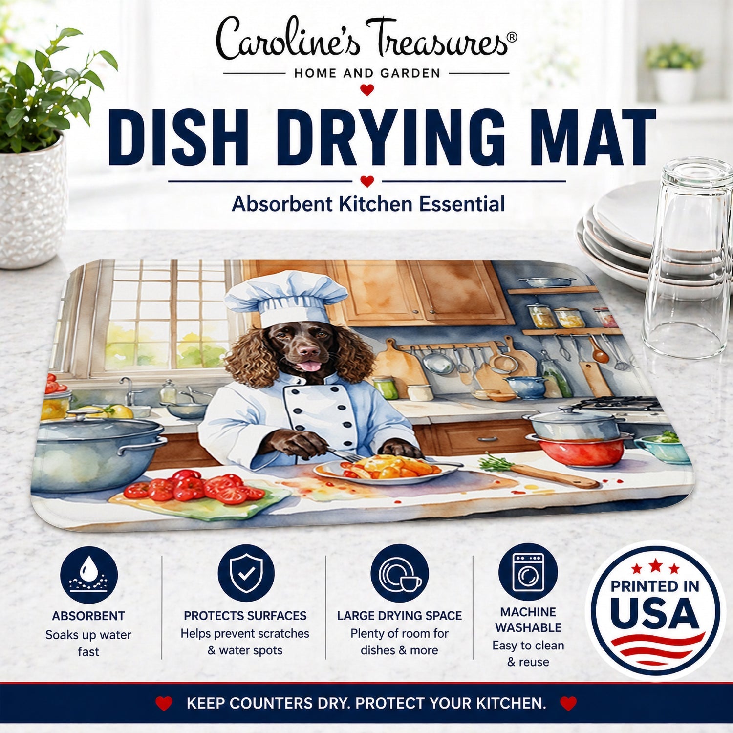 American Water Spaniel The Chef Dish Drying Mat Absorbent Dish Drying Mat Pad for Kitchen Counter Dish Drainer Mat for Countertop, 14 x 21", Multicolor