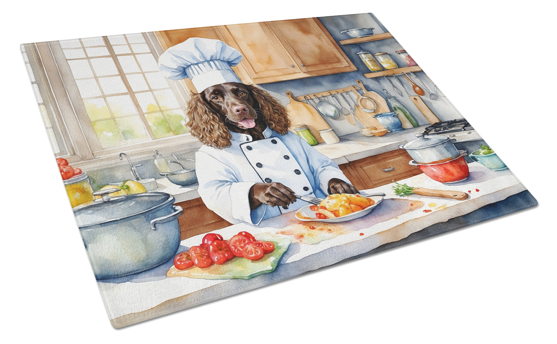American Water Spaniel The Chef Cutting Board Tempered Glass Kitchen Cutting Surface, Heat Resistant Chopping, Non-Slip Feet, Food Prep & Serving