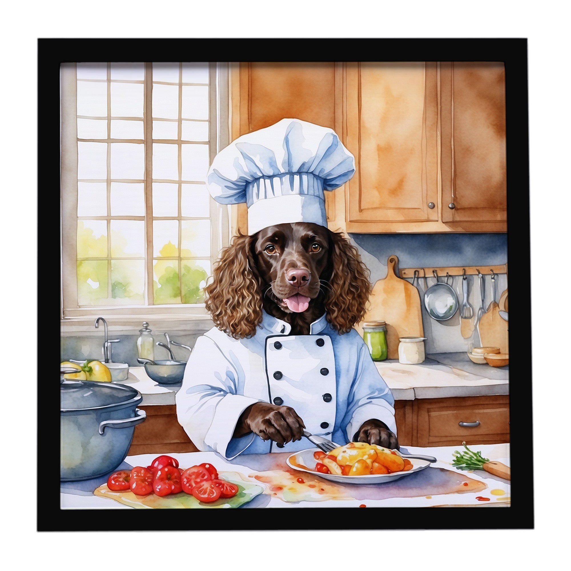 American Water Spaniel The Chef Framed Metal Print Bathroom, Kitchen, Office, Home Decor Wall Art Ready to Hang, Square, 8X8