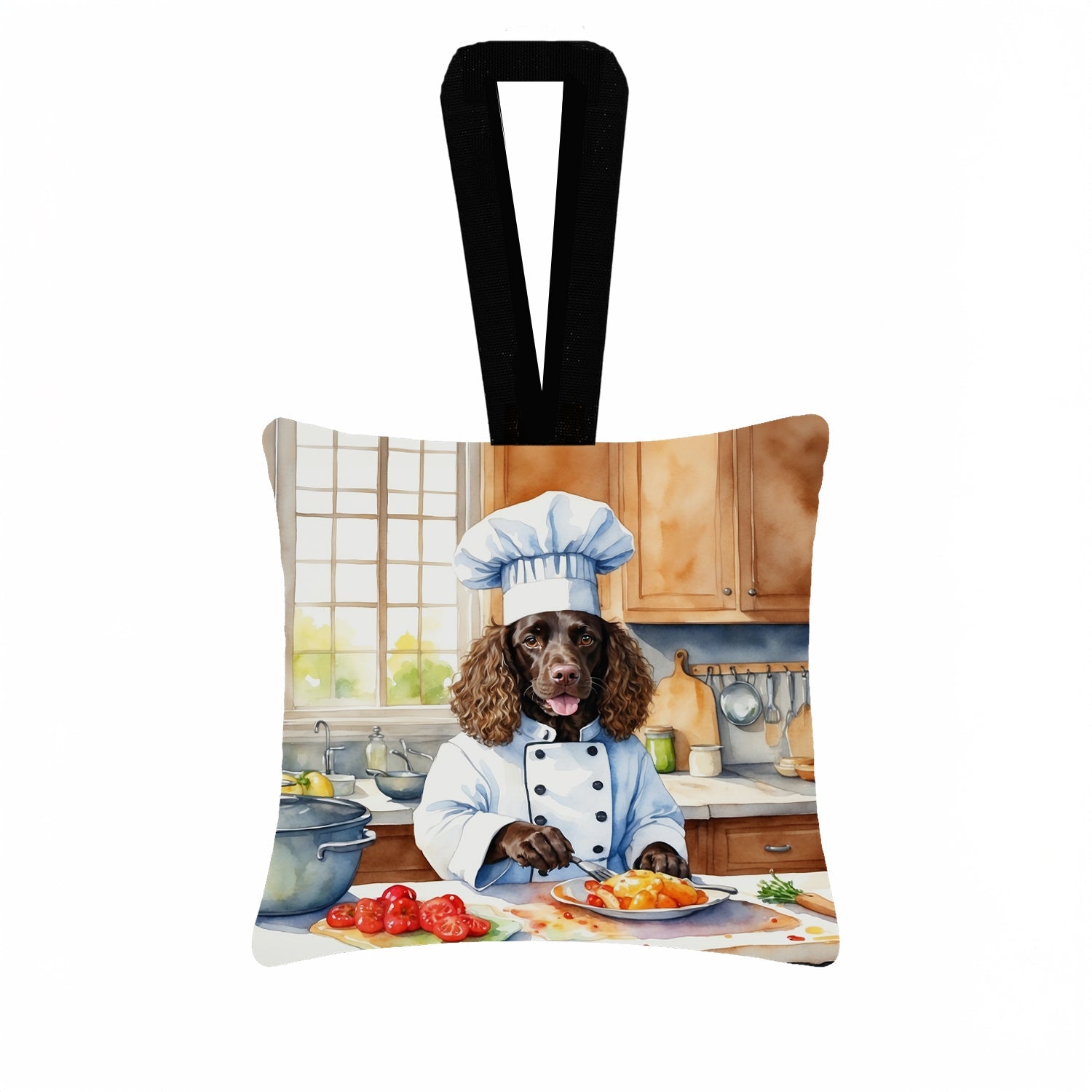 American Water Spaniel The Chef Hanging Square Fabric Ornament 3.5 × 3.5 Decorative Door-Knob & Tree Hanger, Soft Fabric