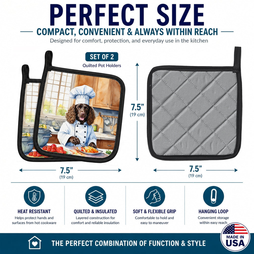 American Water Spaniel The Chef Pot Holder Set of 2 Heat Resistant Quilted Hot Pads 7.5 x 7.5 Inch, Insulated Kitchen Trivets for Cooking & Baking