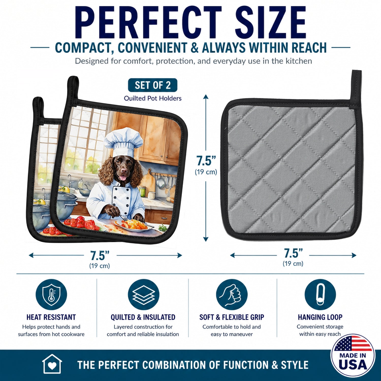 American Water Spaniel The Chef Pot Holder Set of 2 Heat Resistant Quilted Hot Pads 7.5 x 7.5 Inch, Insulated Kitchen Trivets for Cooking & Baking