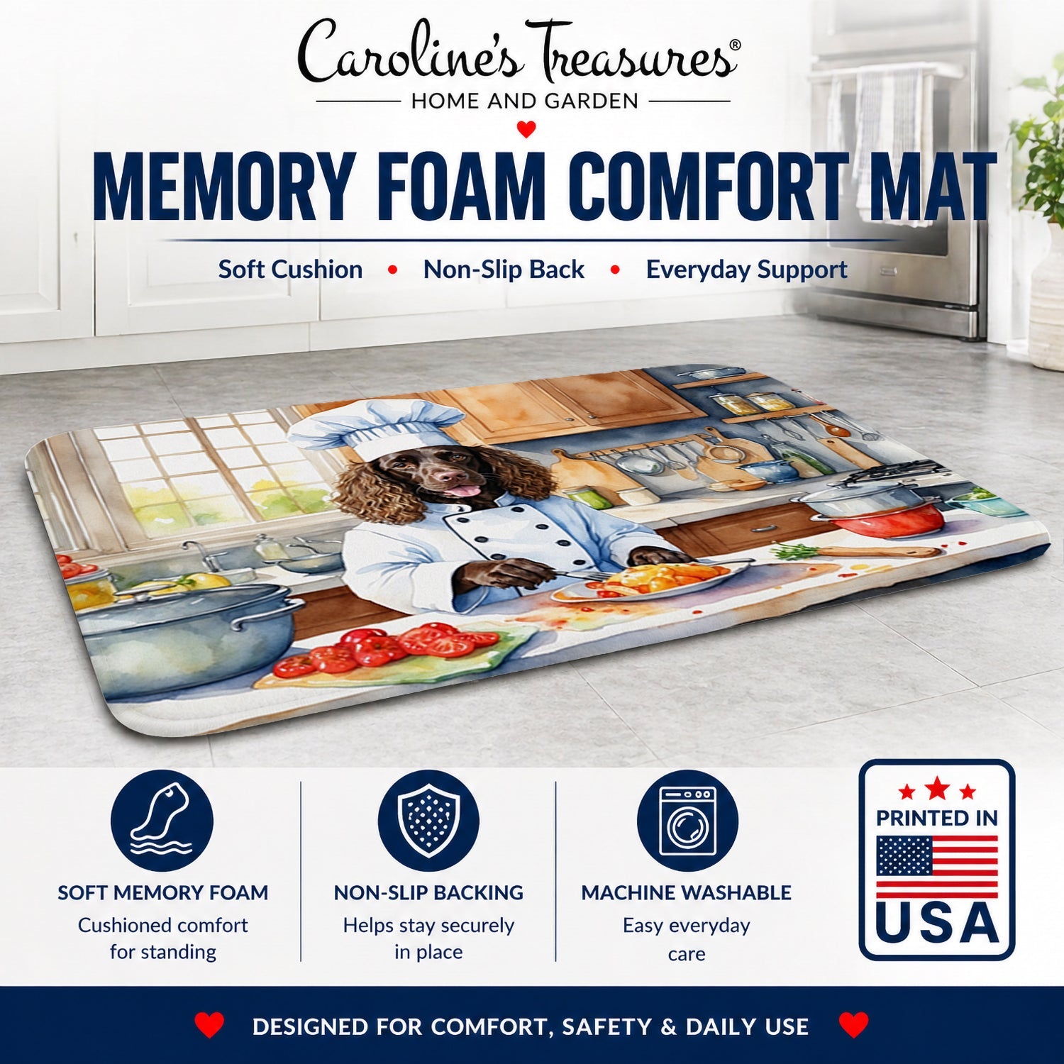 American Water Spaniel The Chef Memory Foam Kitchen Mat Machine Washable Anti-Fatigue Cushion Comfort Bath or Kitchen Rug