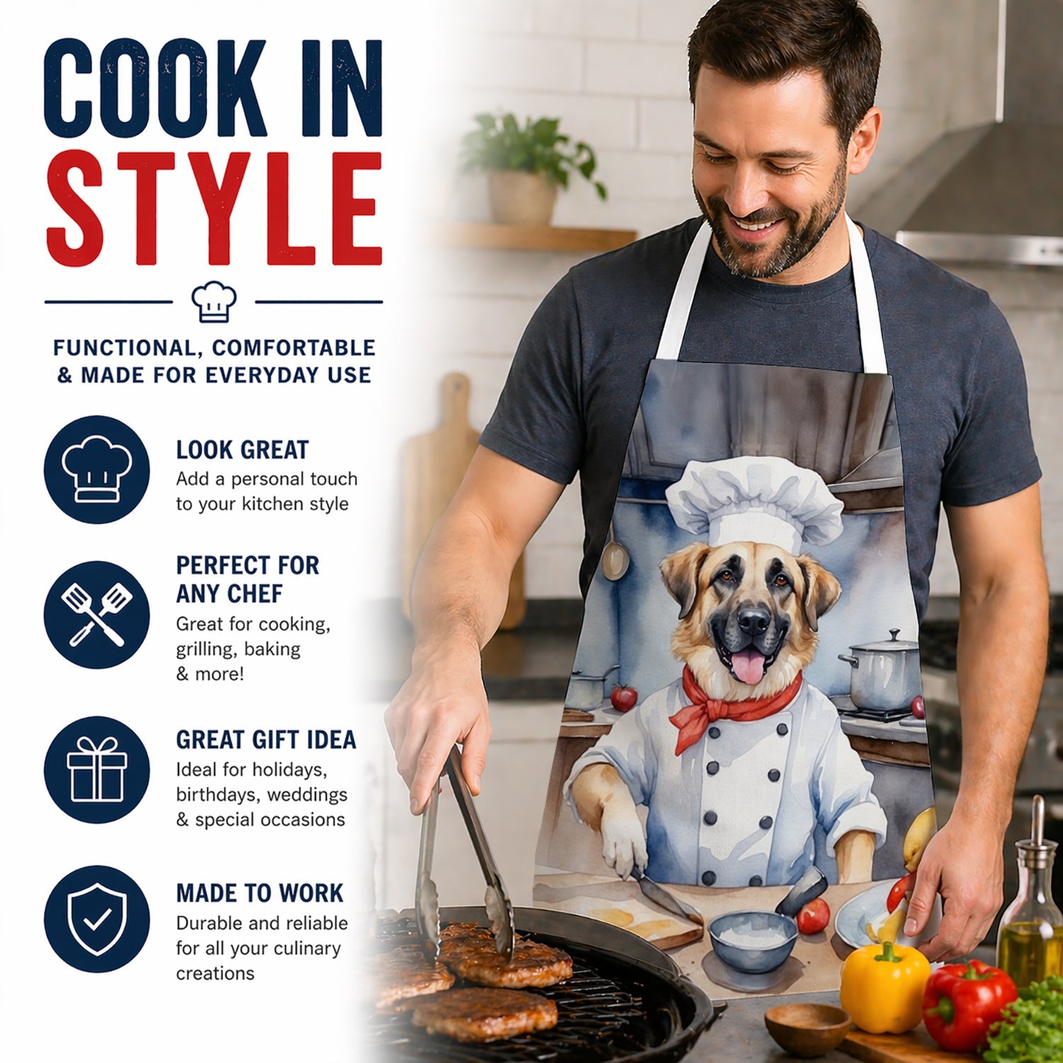 Anatolian Shepherd The Chef Apron Cooking Kitchen Server Baking Crafts Gardening for Adult Women Men, Unisex, Large, Multicolor