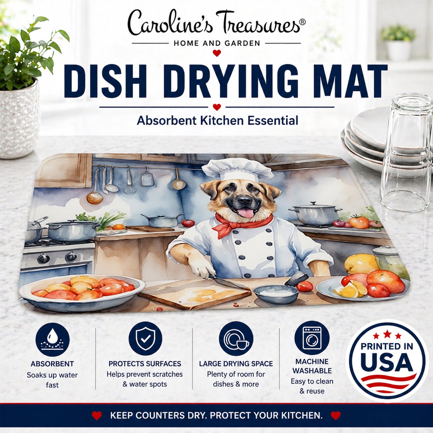 Anatolian Shepherd The Chef Dish Drying Mat Absorbent Dish Drying Mat Pad for Kitchen Counter Dish Drainer Mat for Countertop, 14 x 21", Multicolor