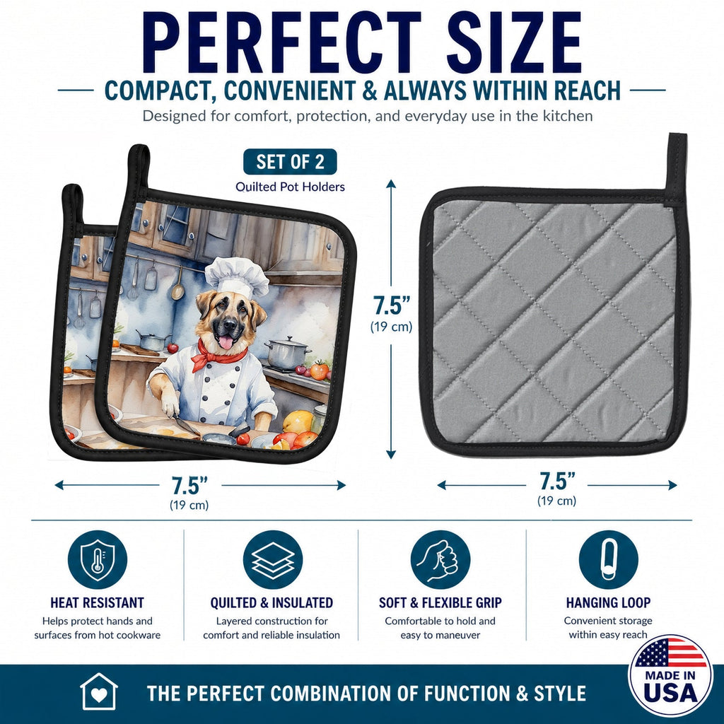 Anatolian Shepherd The Chef Pot Holder Set of 2 Heat Resistant Quilted Hot Pads 7.5 x 7.5 Inch, Insulated Kitchen Trivets for Cooking & Baking