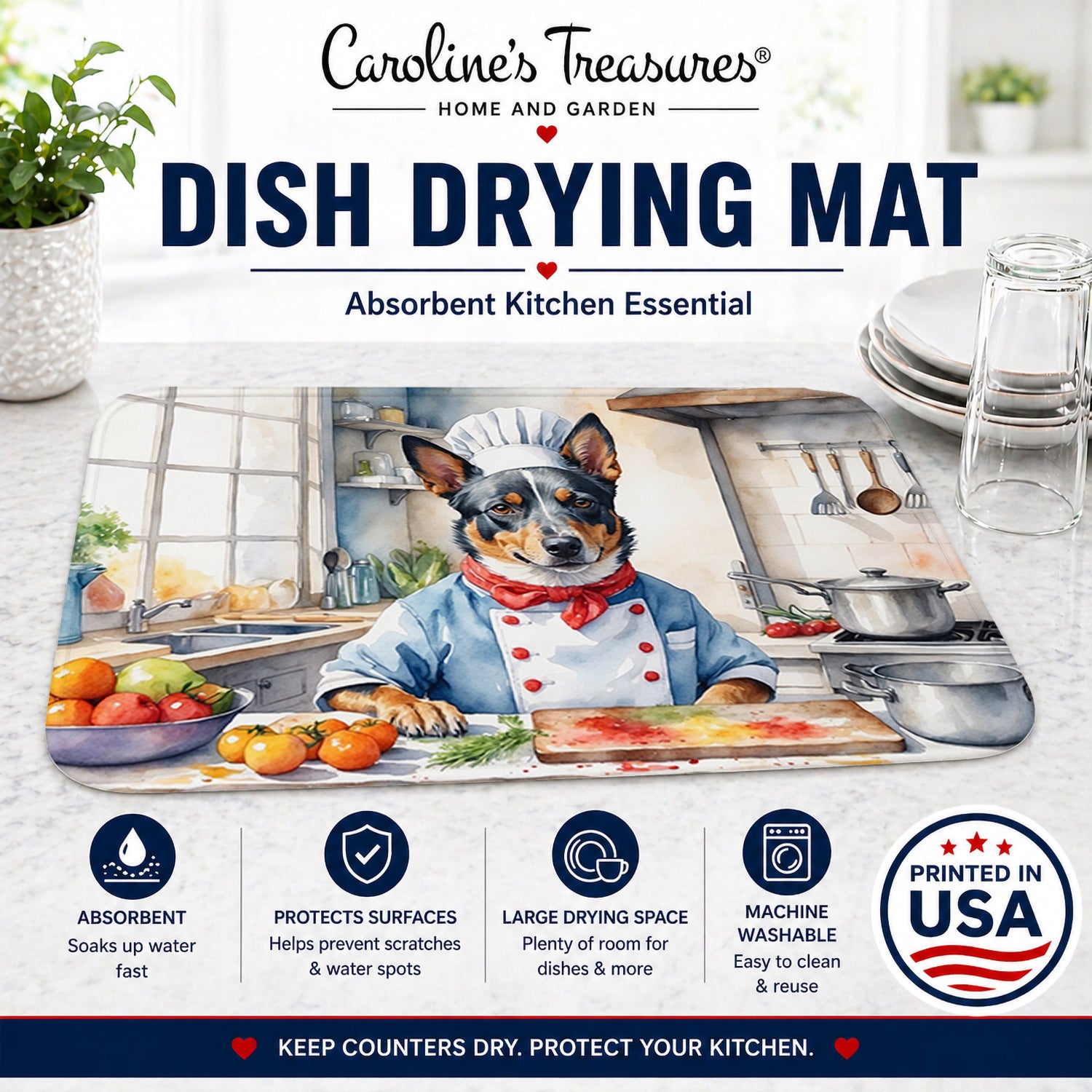 Australian Cattle Dog The Chef Dish Drying Mat Absorbent Dish Drying Mat Pad for Kitchen Counter Dish Drainer Mat for Countertop, 14 x 21", Multicolor