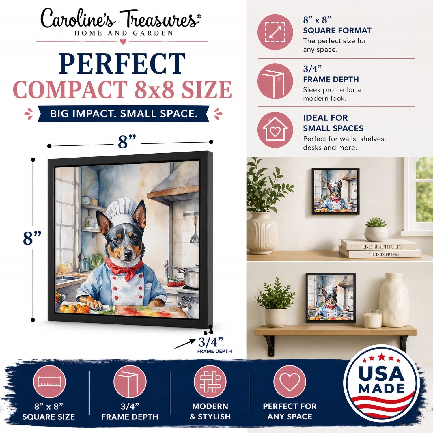 Australian Cattle Dog The Chef Framed Metal Print Bathroom, Kitchen, Office, Home Decor Wall Art Ready to Hang, Square, 8X8