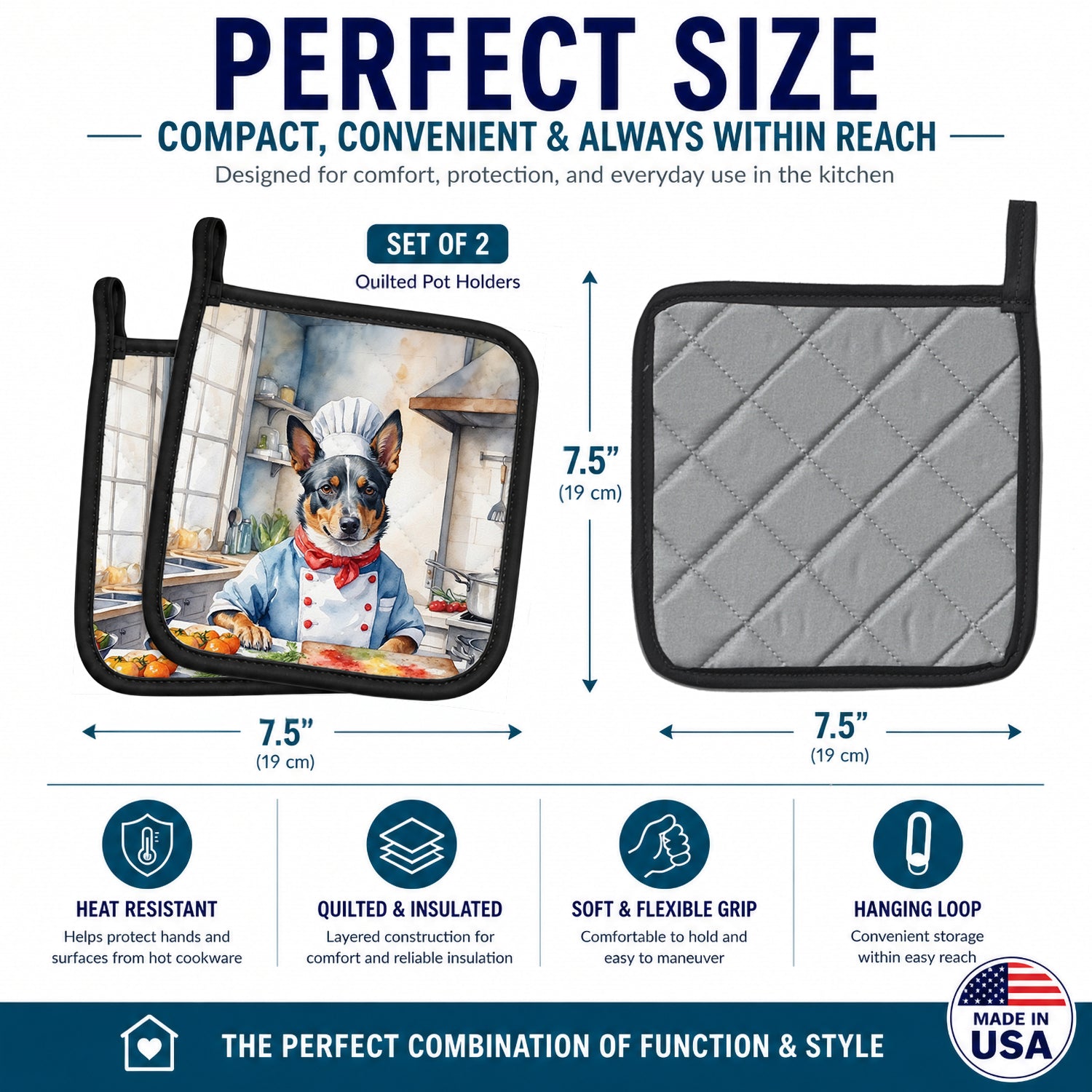 Australian Cattle Dog The Chef Pot Holder Set of 2 Heat Resistant Quilted Hot Pads 7.5 x 7.5 Inch, Insulated Kitchen Trivets for Cooking & Baking