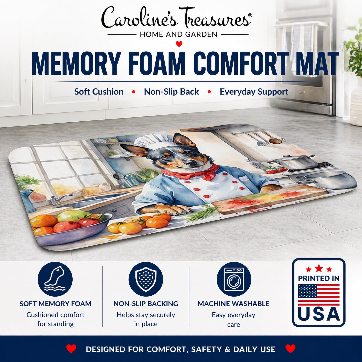 Australian Cattle Dog The Chef Memory Foam Kitchen Mat Machine Washable Anti-Fatigue Cushion Comfort Bath or Kitchen Rug
