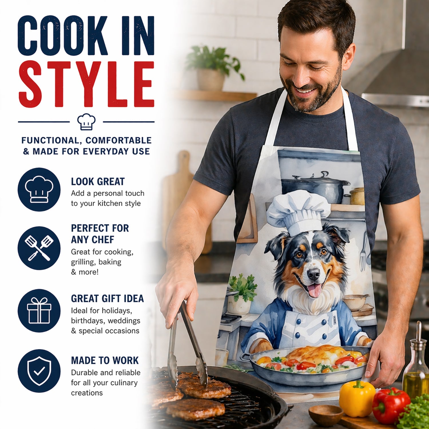 Australian Shepherd The Chef Apron Cooking Kitchen Server Baking Crafts Gardening for Adult Women Men, Unisex, Large, Multicolor