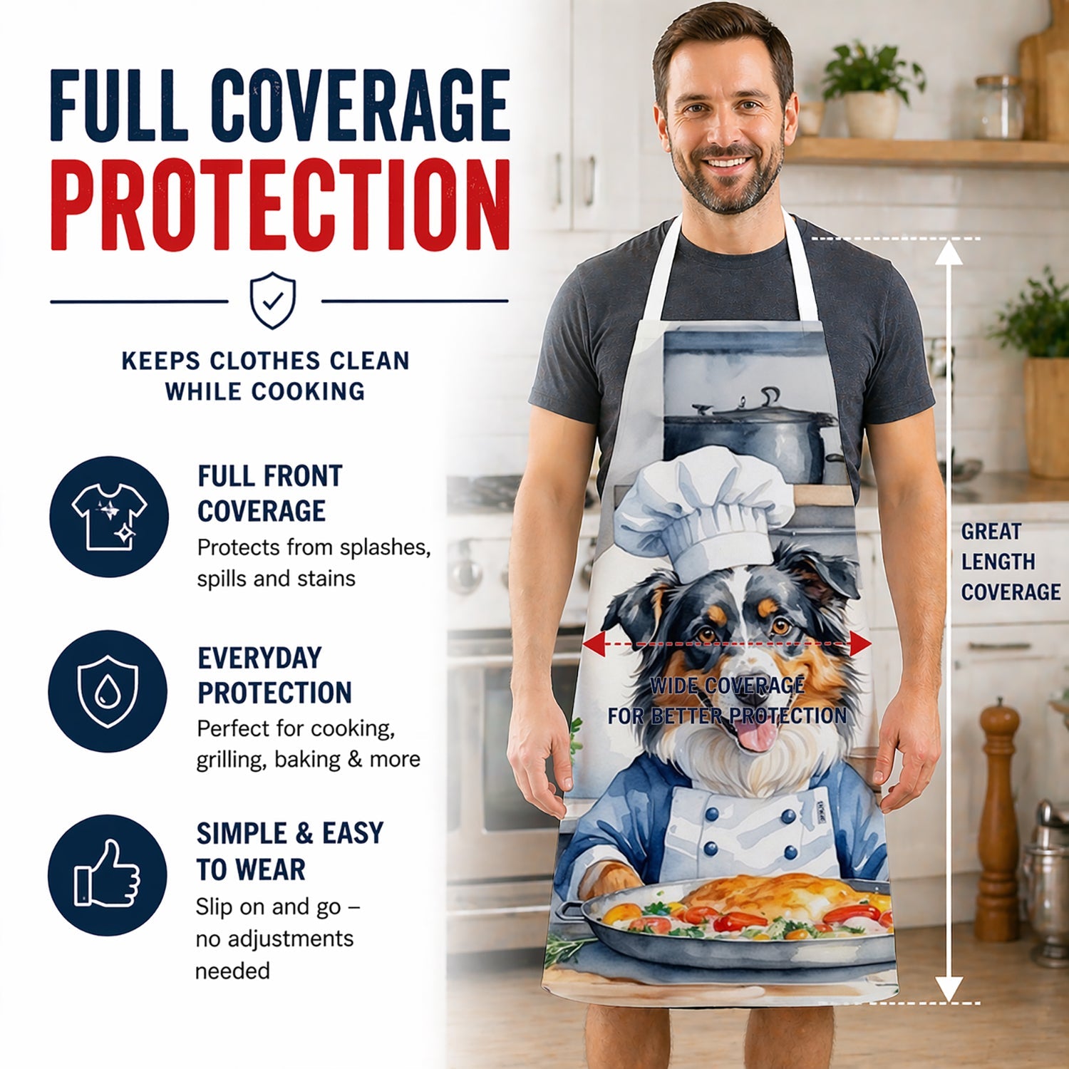 Australian Shepherd The Chef Apron Cooking Kitchen Server Baking Crafts Gardening for Adult Women Men, Unisex, Large, Multicolor
