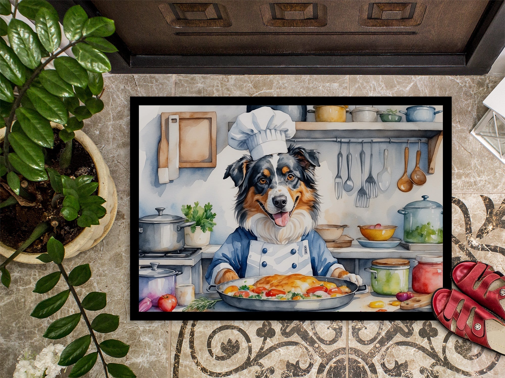 Australian Shepherd The Chef Doormat Indoor Outdoor 24H X 36W Front Door Mat Rugs for Entryway, Non Slip Washable Low Pile,