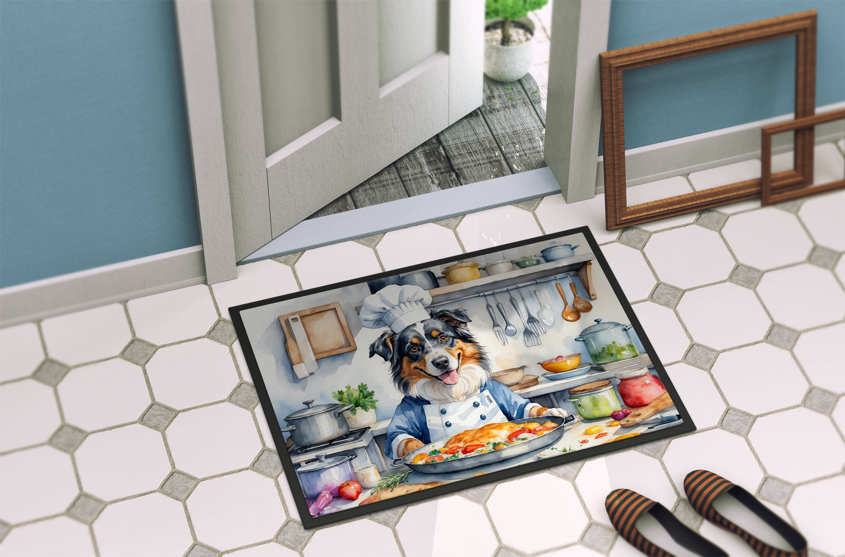 Australian Shepherd The Chef Doormat Indoor Outdoor 24H X 36W Front Door Mat Rugs for Entryway, Non Slip Washable Low Pile,