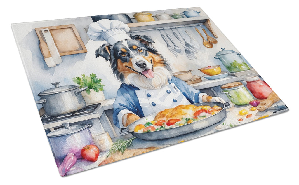 Australian Shepherd The Chef Cutting Board Tempered Glass Kitchen Cutting Surface, Heat Resistant Chopping, Non-Slip Feet, Food Prep & Serving