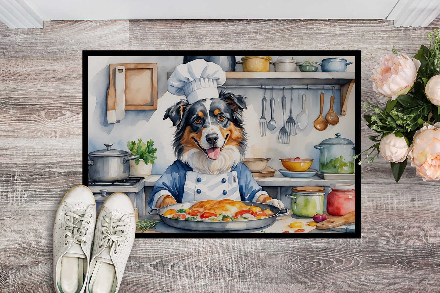 Australian Shepherd The Chef Doormat Indoor Outdoor 18H X 27W Front Door Mat Rugs for Entryway, Non Slip Washable