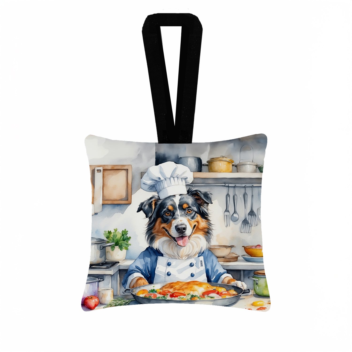 Australian Shepherd The Chef Hanging Square Fabric Ornament 3.5 × 3.5 Decorative Door-Knob & Tree Hanger, Soft Fabric