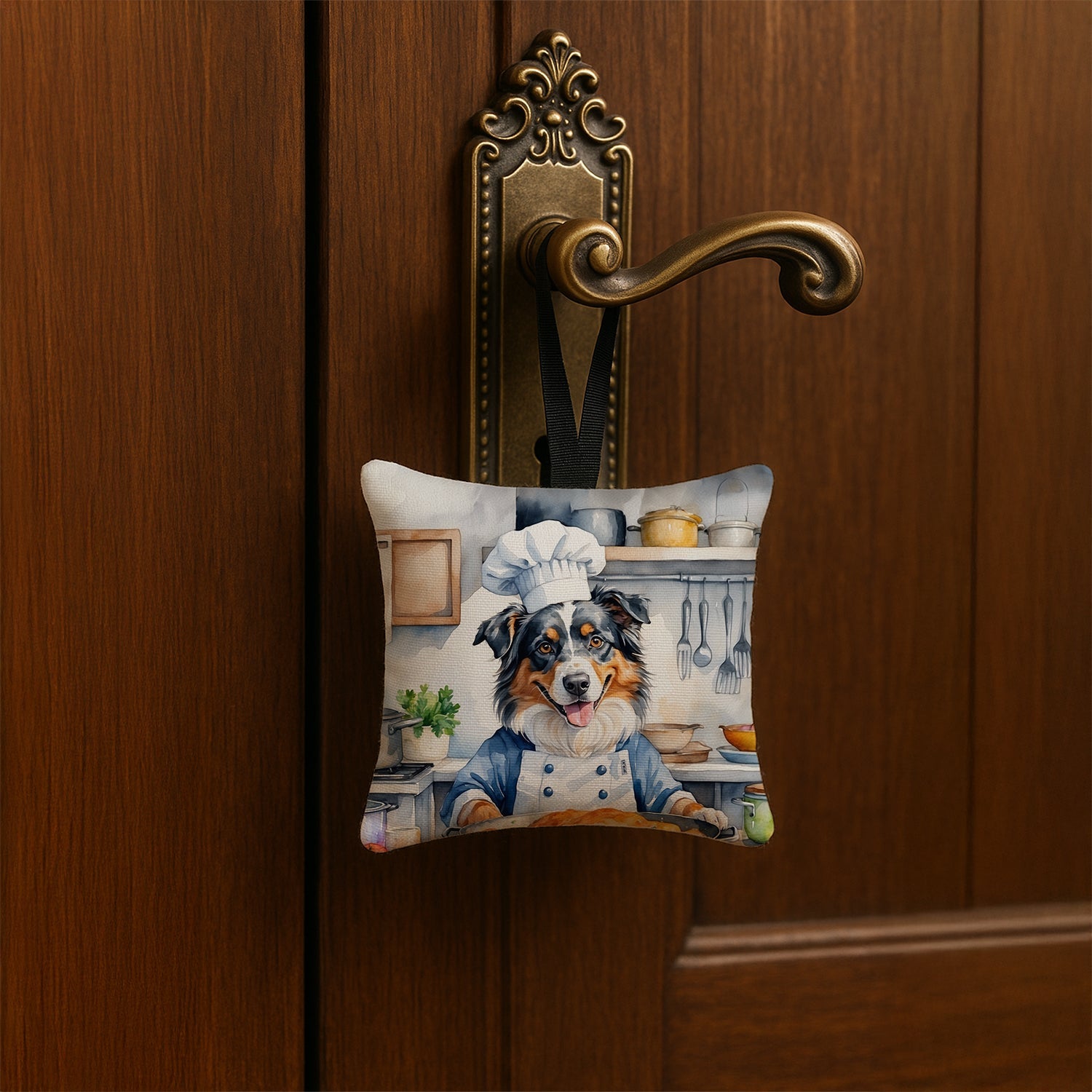Australian Shepherd The Chef Hanging Square Fabric Ornament 3.5 × 3.5 Decorative Door-Knob & Tree Hanger, Soft Fabric