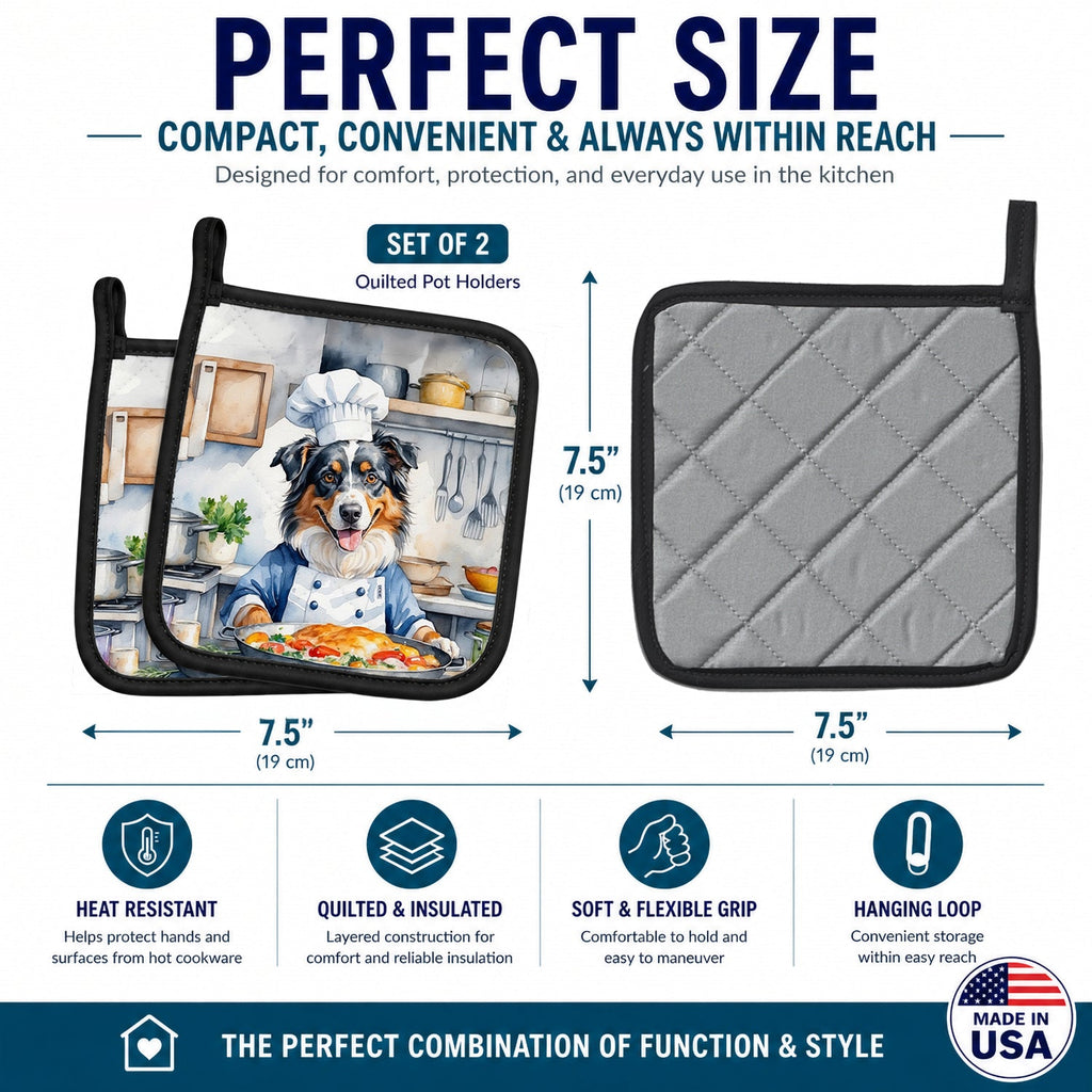 Australian Shepherd The Chef Pot Holder Set of 2 Heat Resistant Quilted Hot Pads 7.5 x 7.5 Inch, Insulated Kitchen Trivets for Cooking & Baking
