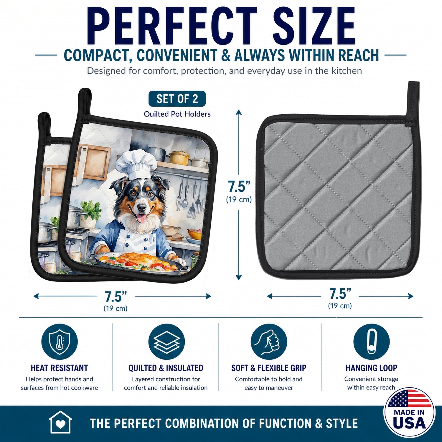 Australian Shepherd The Chef Pot Holder Set of 2 Heat Resistant Quilted Hot Pads 7.5 x 7.5 Inch, Insulated Kitchen Trivets for Cooking & Baking