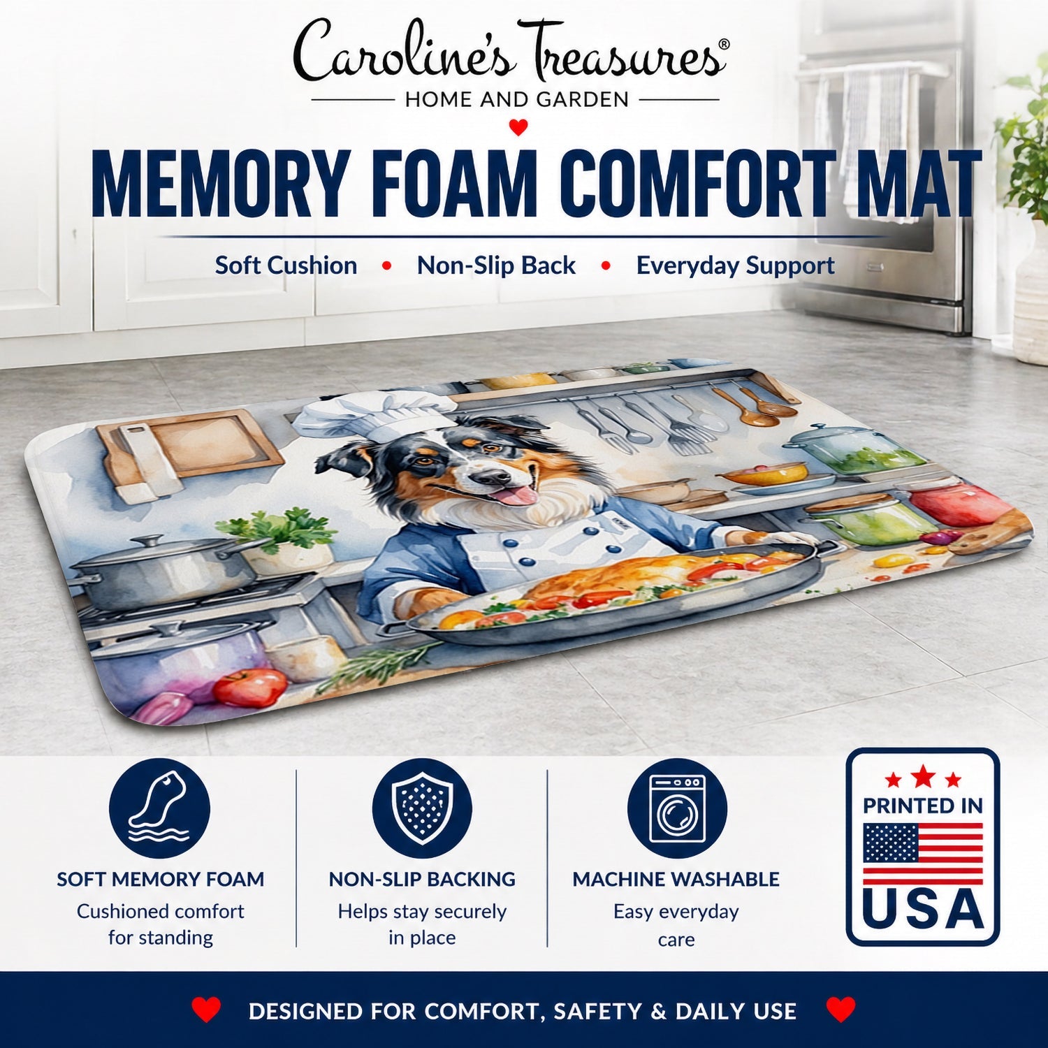 Australian Shepherd The Chef Memory Foam Kitchen Mat Machine Washable Anti-Fatigue Cushion Comfort Bath or Kitchen Rug