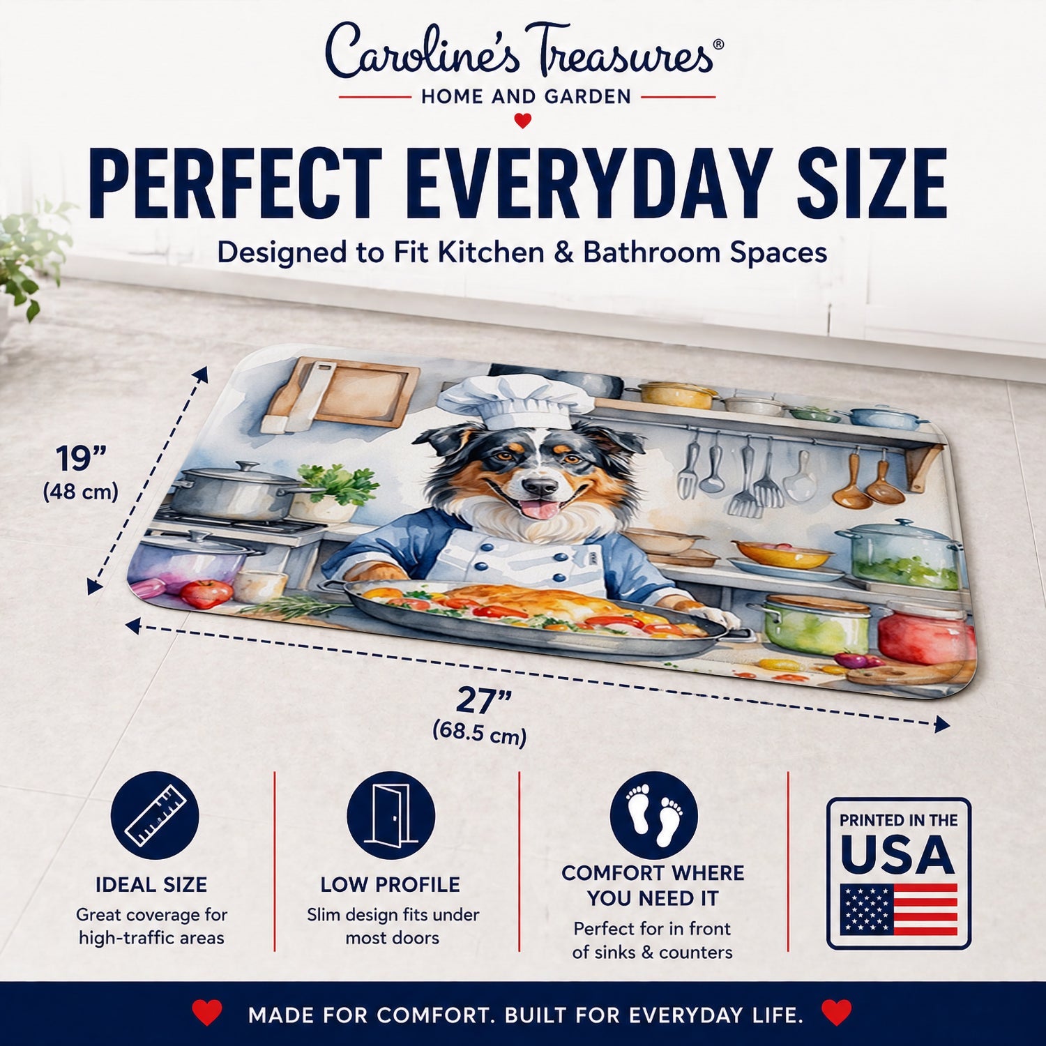 Australian Shepherd The Chef Memory Foam Kitchen Mat Machine Washable Anti-Fatigue Cushion Comfort Bath or Kitchen Rug