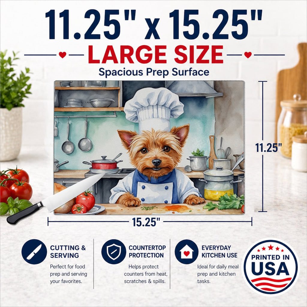 Australian Terrier The Chef Cutting Board Tempered Glass Kitchen Cutting Surface, Heat Resistant Chopping, Non-Slip Feet, Food Prep & Serving