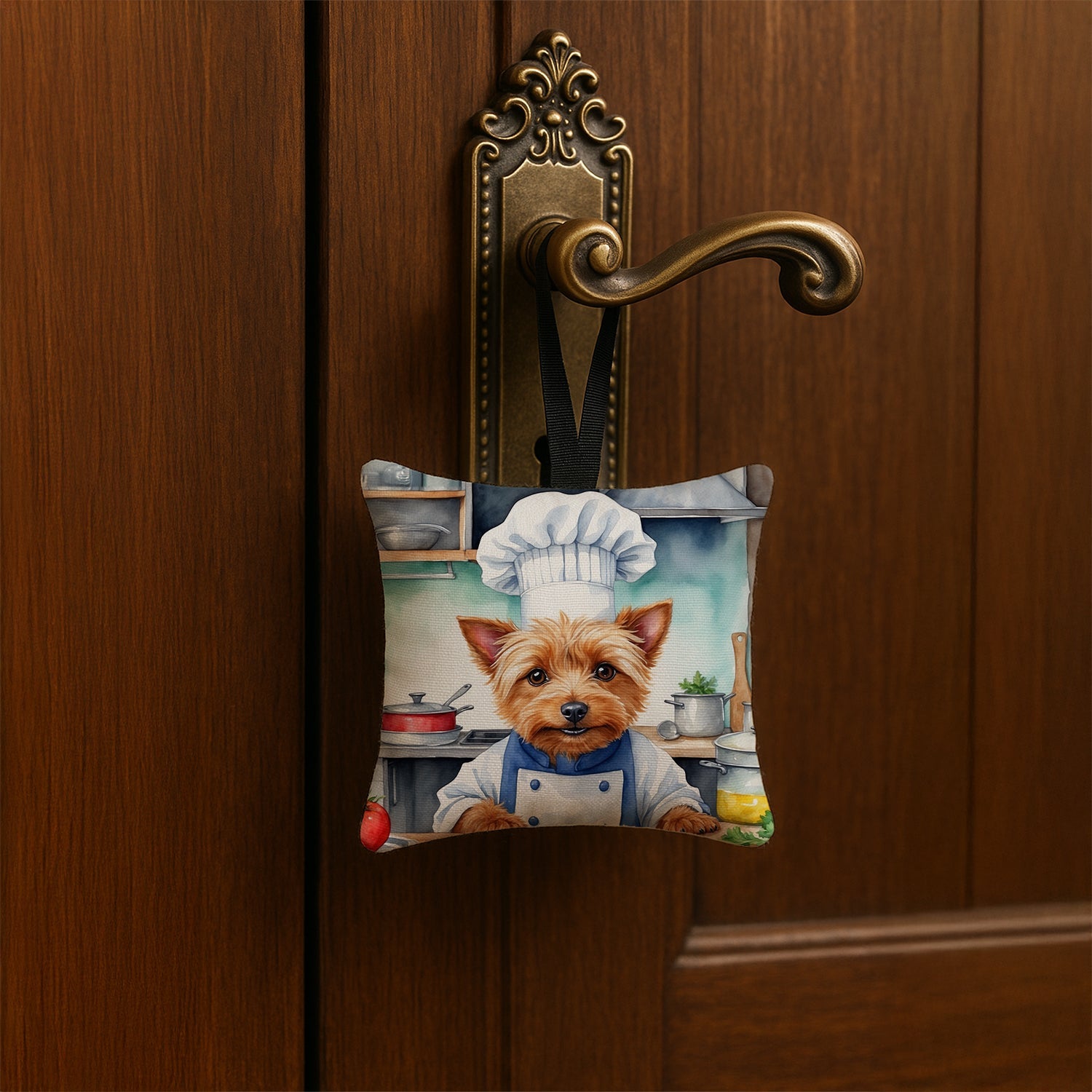 Australian Terrier The Chef Hanging Square Fabric Ornament 3.5 × 3.5 Decorative Door-Knob & Tree Hanger, Soft Fabric